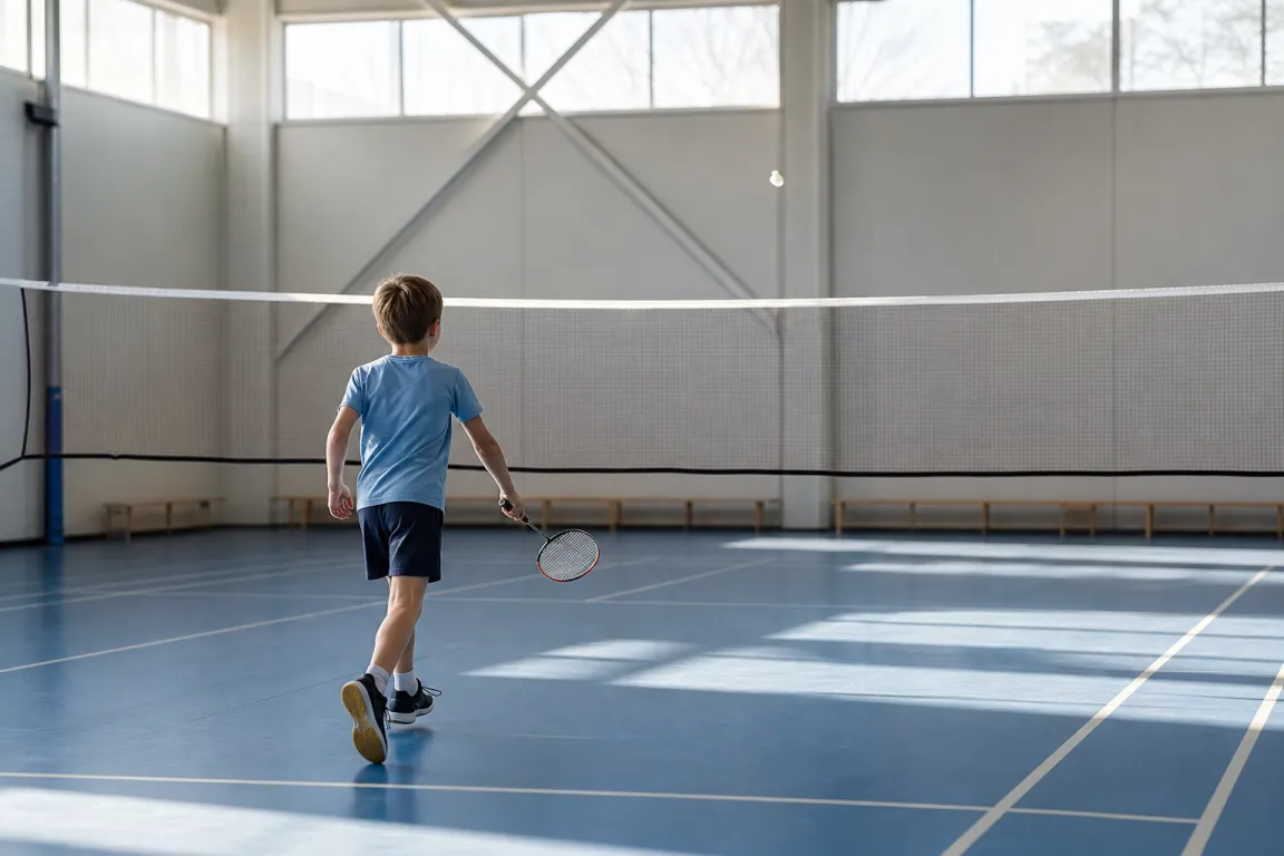 Barn sett bakifrån på avstånd i en badmintonhall med ett litet racket