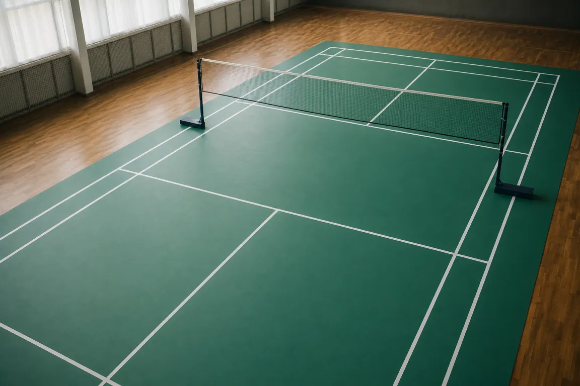 Badmintonbana sedd snett ovanifrån med tydliga linjer och nedfällt nät
