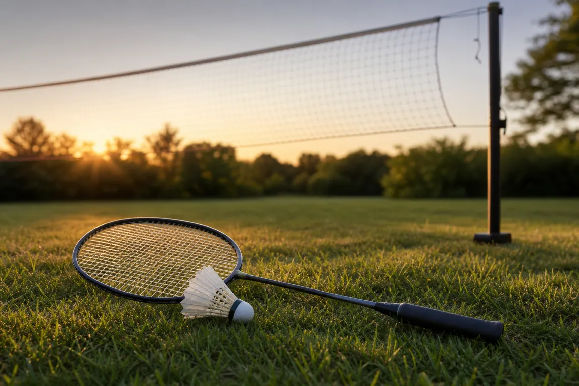 Badmintonracket och fjäderboll på gräsmatta bredvid ett upprest nät