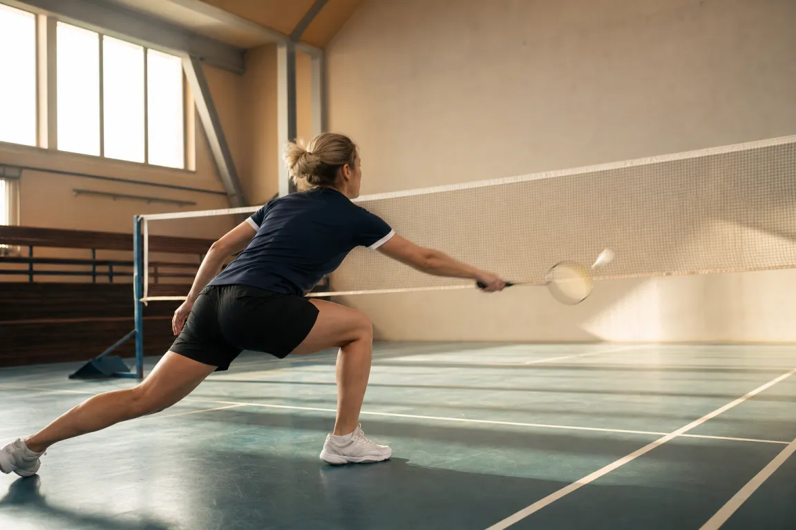 Badmintonspelare i sidoprofil mitt i en utfallsrörelse mot nätet