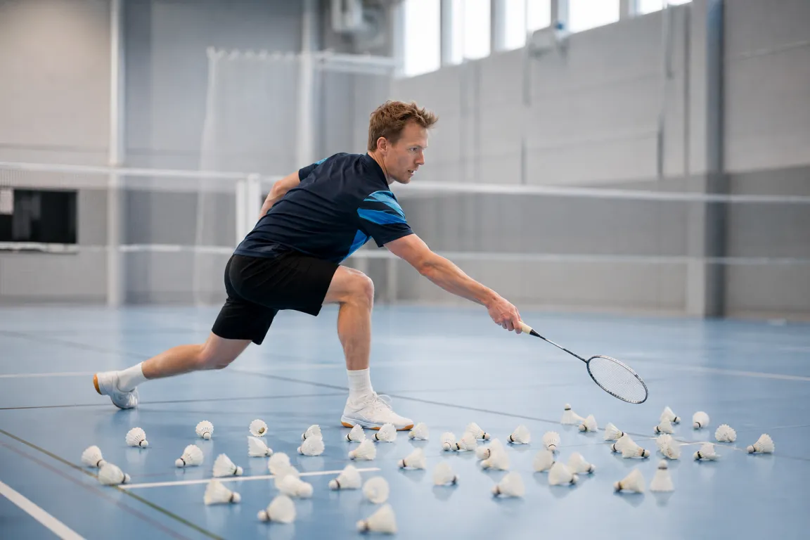 Badmintonspelare mitt i ett utfallssteg med fjäderbollar utspridda på golvet