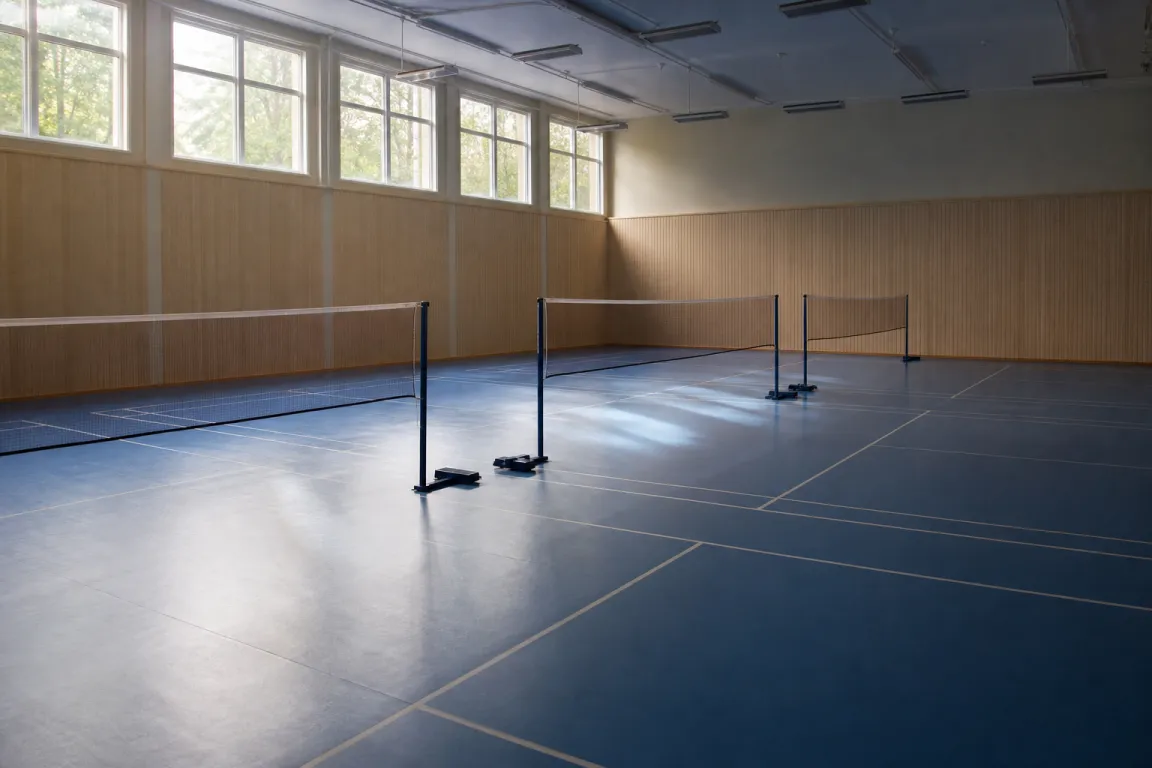 Tom badmintonhall med flera banor redo för kvällsträning