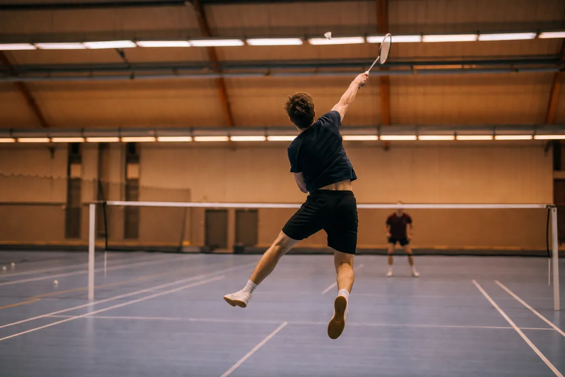 Badmintonspelare sedd bakifrån i en inomhushall under en smash