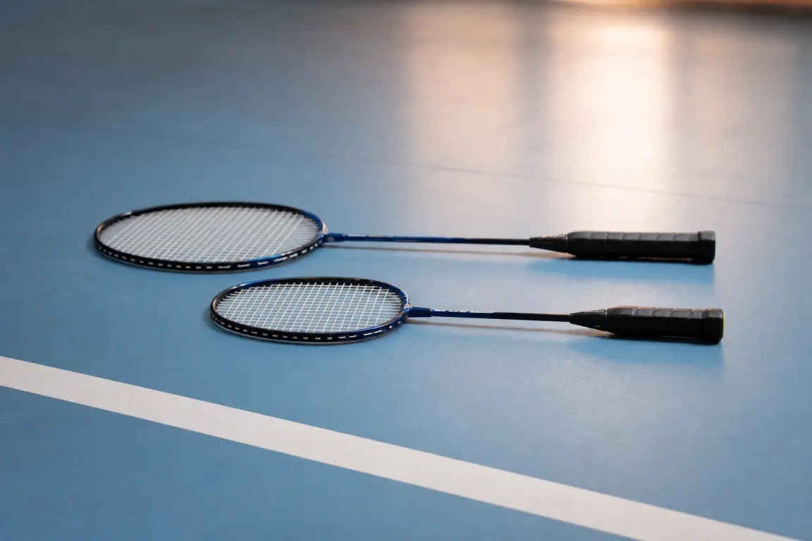 Ett kortare juniorracket bredvid ett vuxenracket på golvet i en inomhushall