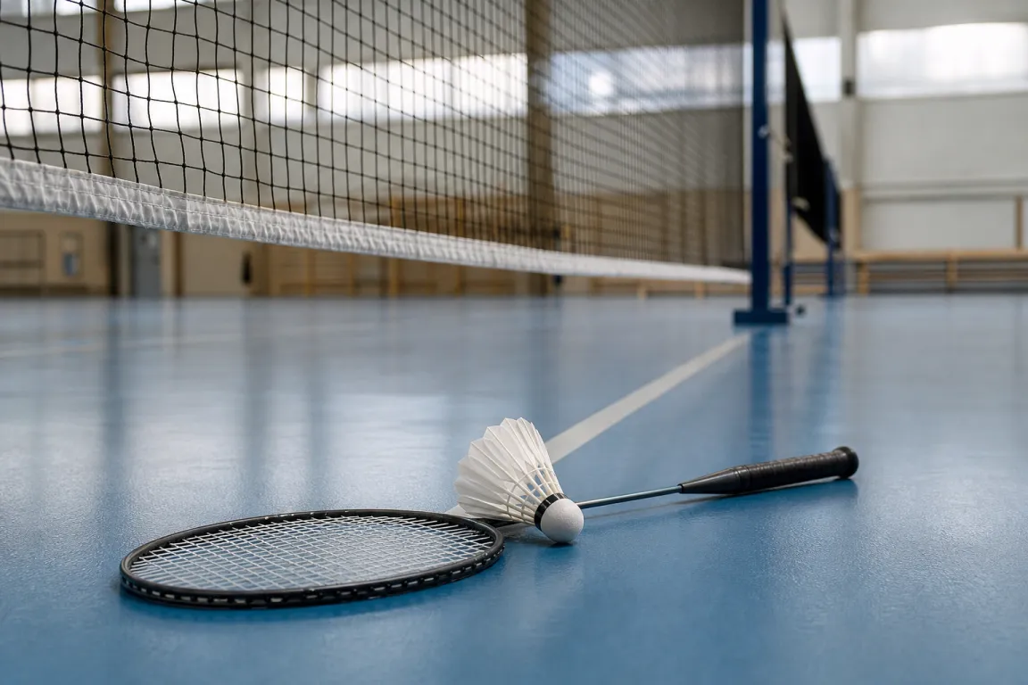 Badmintonracket och fjäderboll vid ett nät i en inomhushall