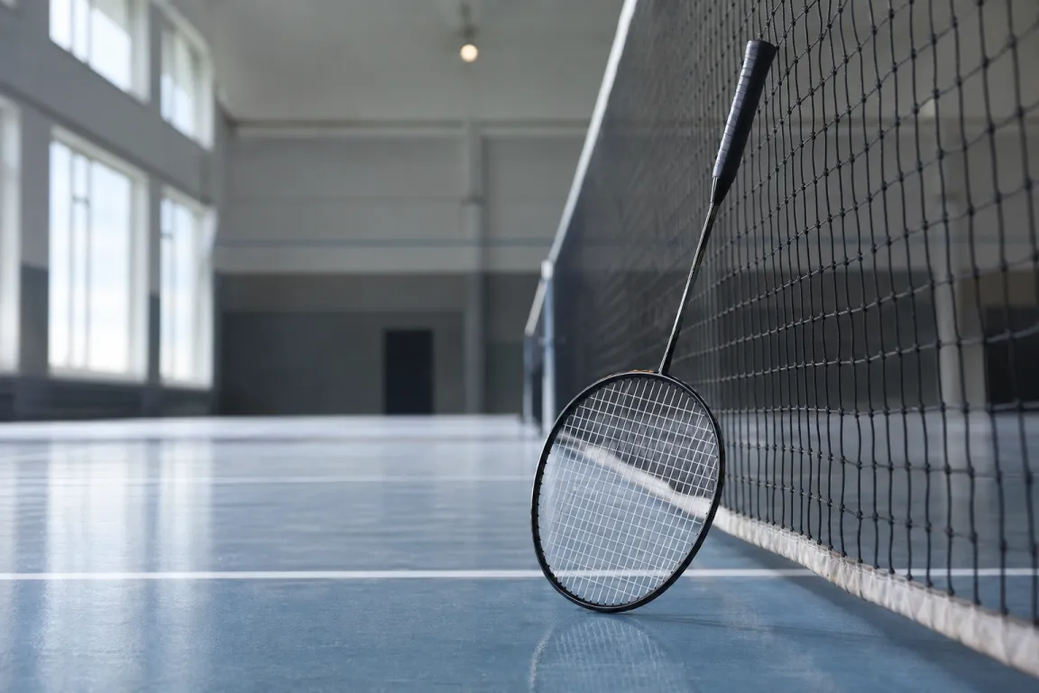 Badmintonracket lutad mot ett nät i en nordisk inomhushall