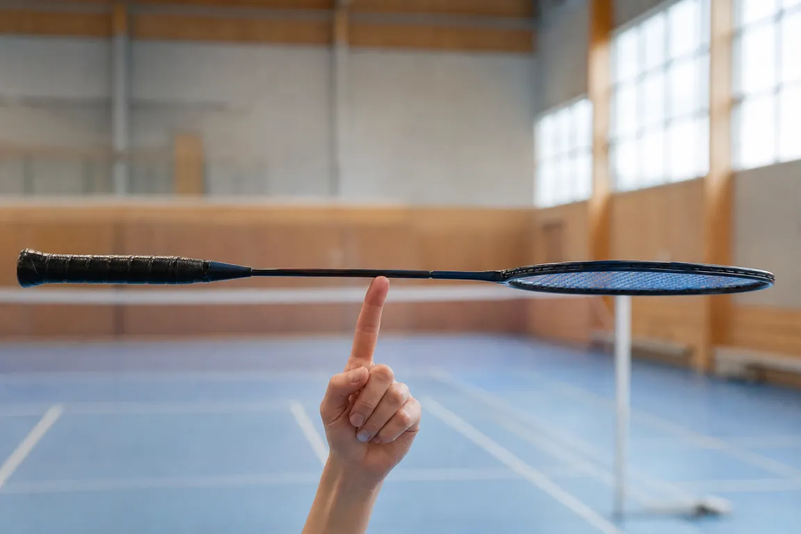 Badmintonracket balanserat på ett finger för att visa balanspunkten