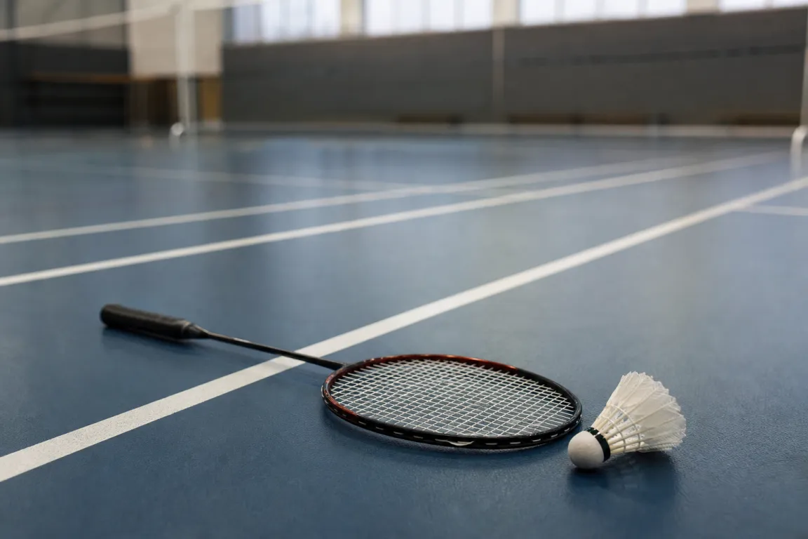 Badmintonracket och fjäderboll på golvet i en badmintonhall