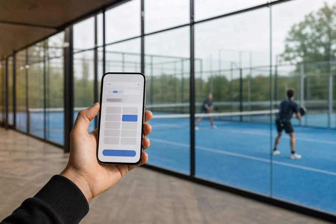 Hand som håller en mobiltelefon framför en padelbana med glasväggar