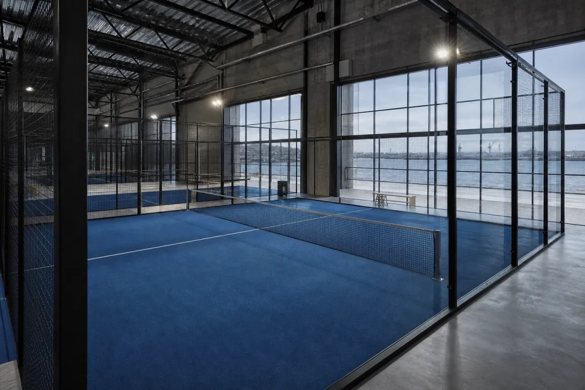 Padelbana i en industriliknande hall med stora fönster mot vatten