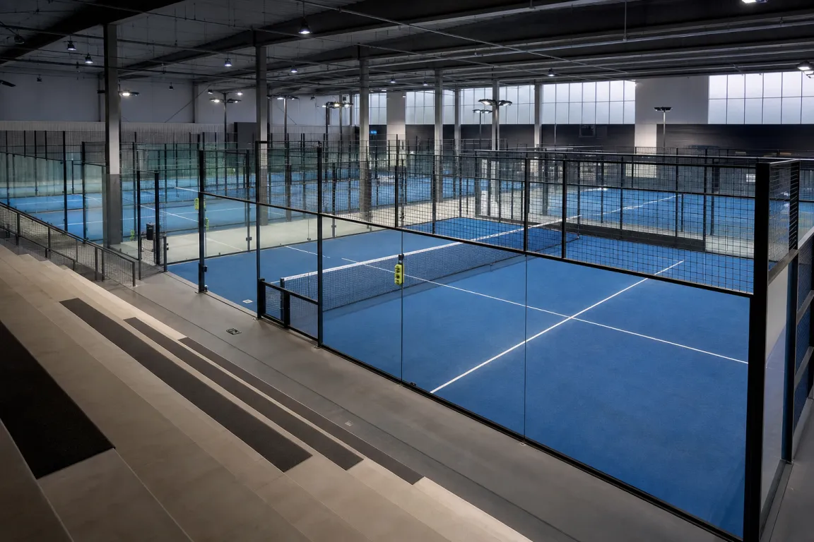 Rad av padelbanor med glasväggar sedda från läktaren i en stor hall