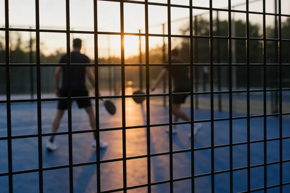 Två spelare i rörelse på en padelbana sedda genom staketet i kvällsljus