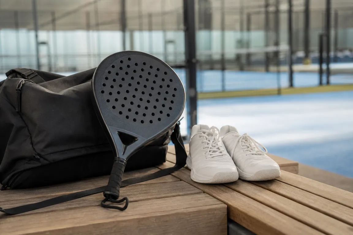 Padelracket och ett par skor placerade på en bänk bredvid en väska