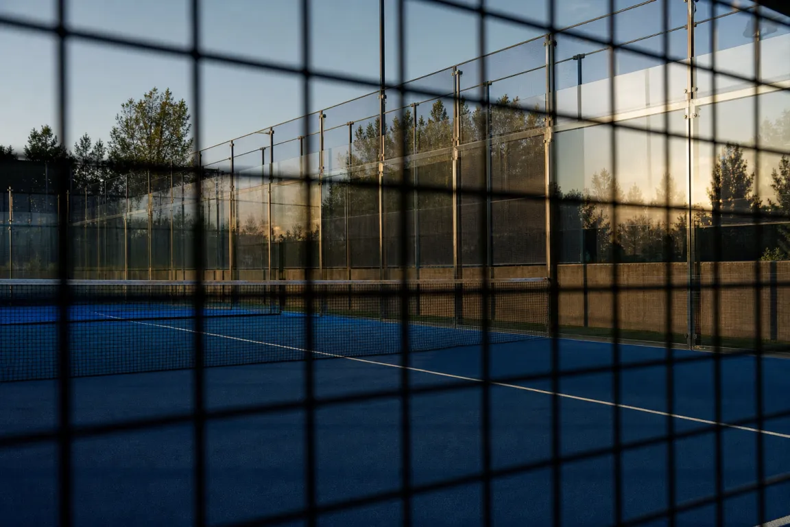 Tom padelbana med glasväggar i kvällsljus, fotograferad genom nätet
