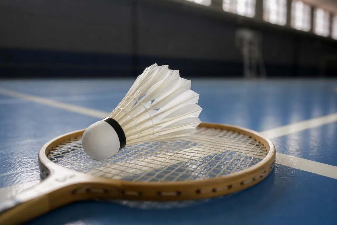 Närbild på en fjäderboll i profil på en badmintonbana