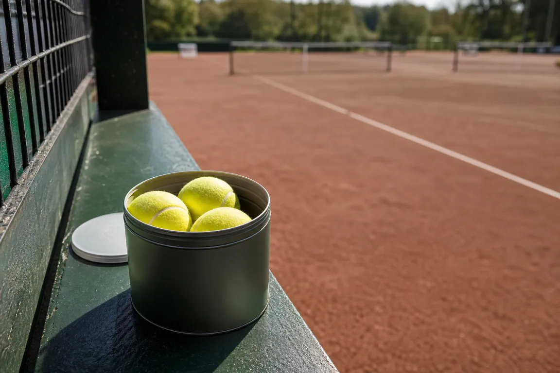 Tennisbollar i en öppen burk på kanten av en grusbana