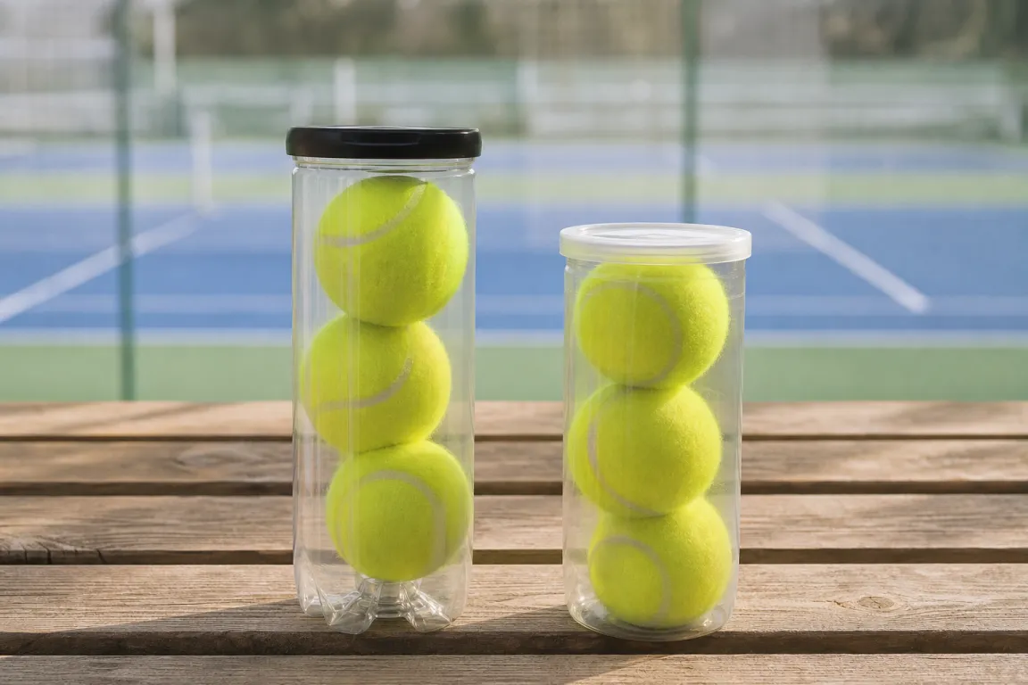 Två burkar med tennisbollar av olika typ sida vid sida på ett bänkbord