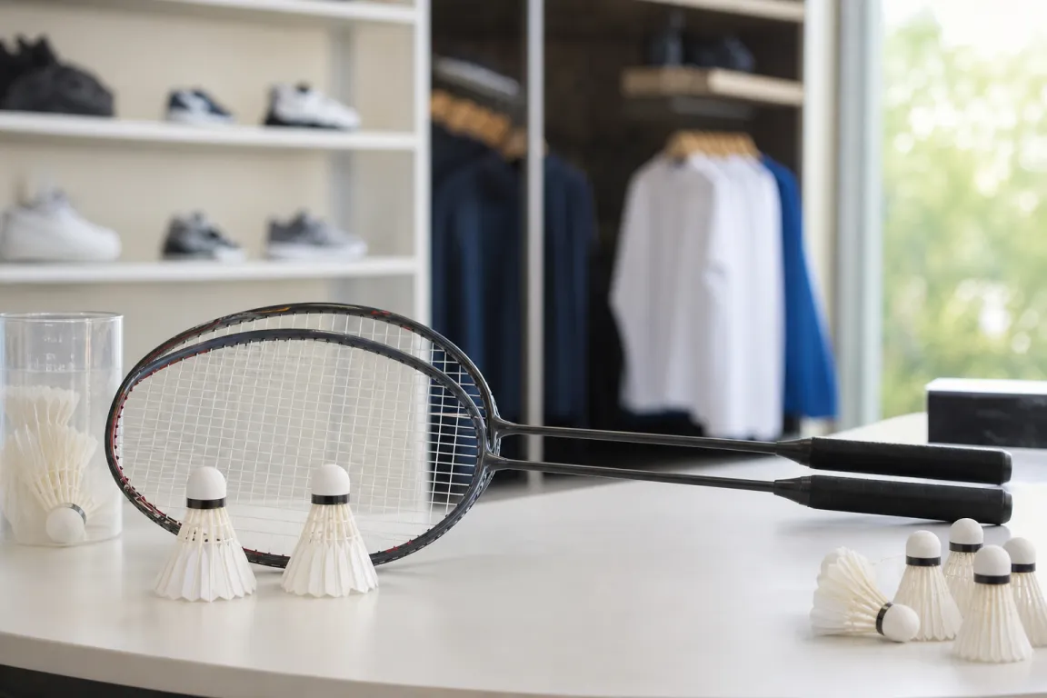 Badmintonracket och fjäderbollar utplacerade på ett ljust butiksbord