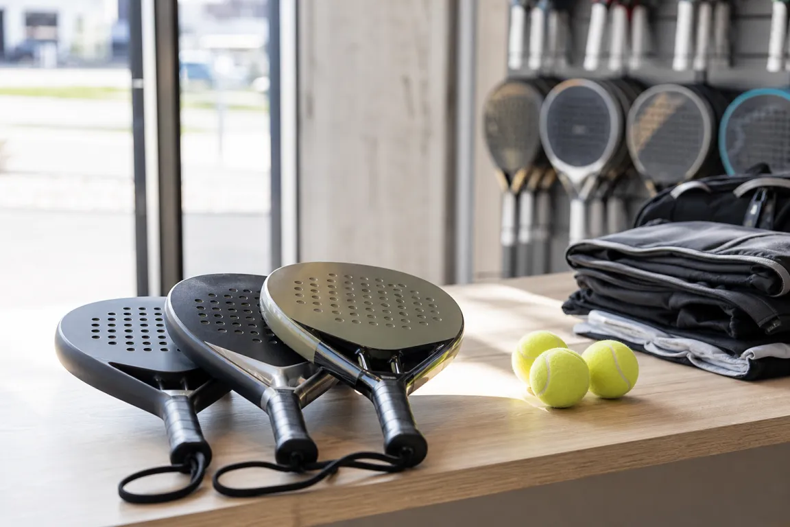 Padelracket och padelbollar utställda på ett butiksbord i dagsljus