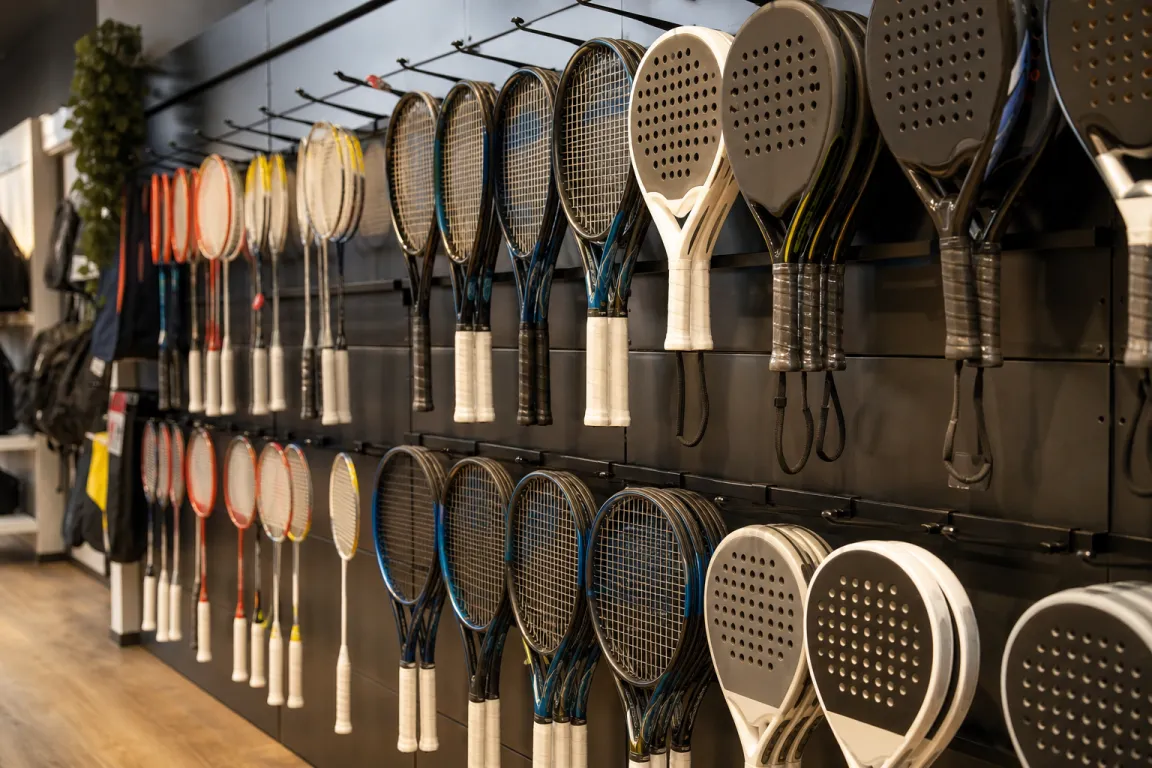 Racketvägg i sportbutik med padelracket, tennisracket och badmintonracket upphängda i rad