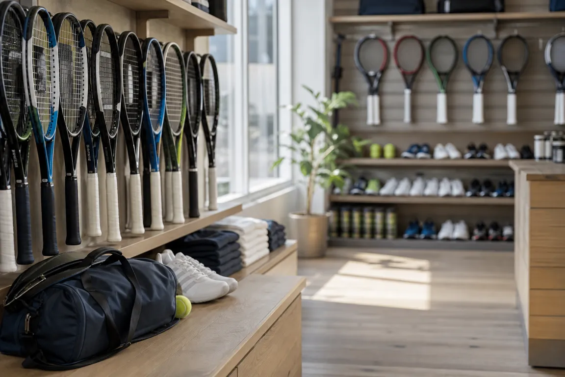 Interiör av tennisbutik med tennisracket på hyllor och mjukt fönsterljus