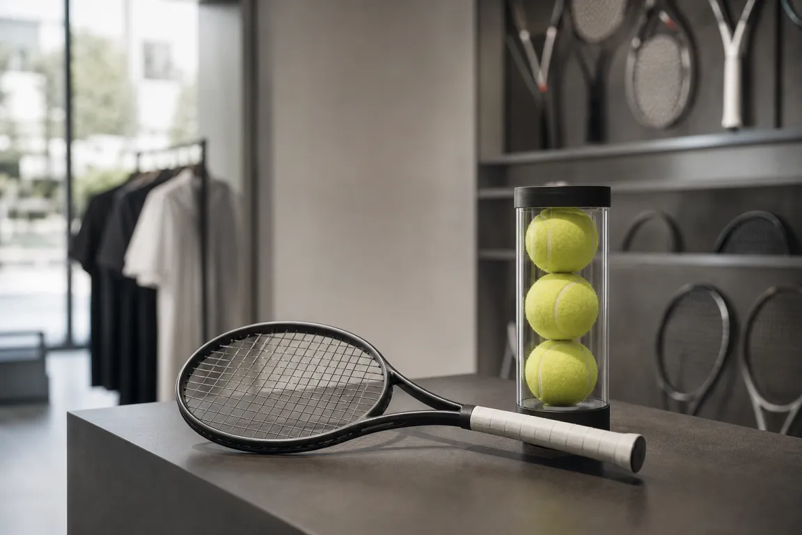 Tennisracket och en burk tennisbollar på ett minimalistiskt butiksbord