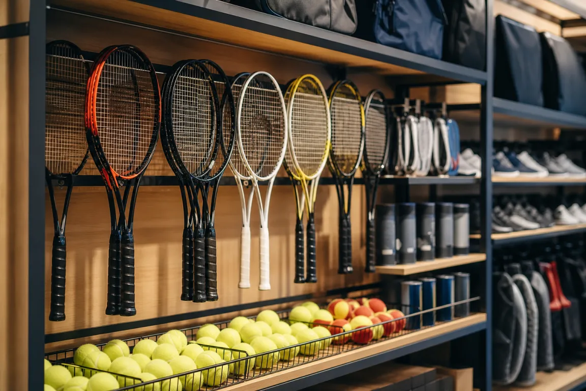 Välorganiserad butikshylla med racket och bollar för racketsport, sorterat prydligt i varmt inomhusljus