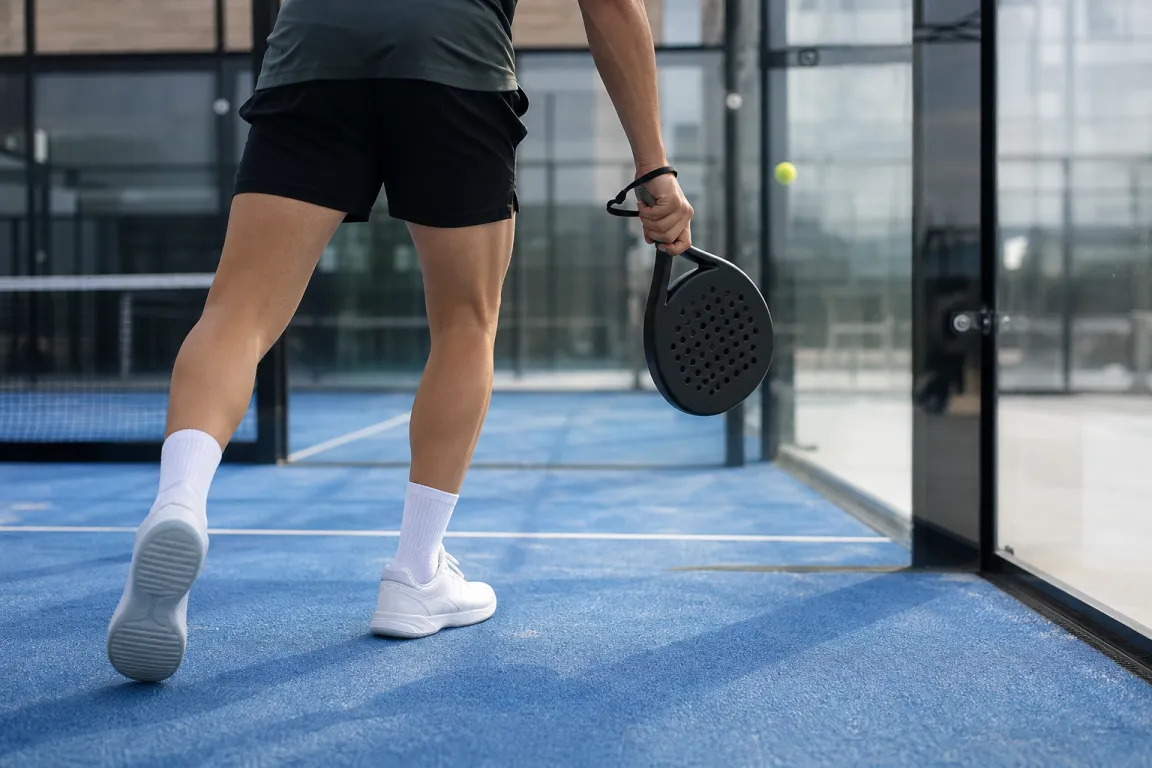 En padelspelare i rörelse mot en glasvägg sedd bakifrån, klädd i funktionströja och shorts