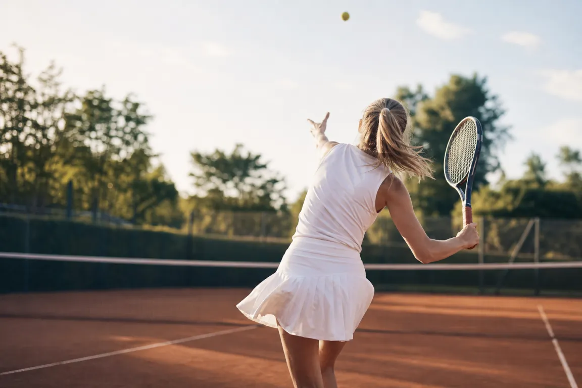 Tennisspelare i tenniskjol sedd bakifrån under en serverörelse på en grusbana