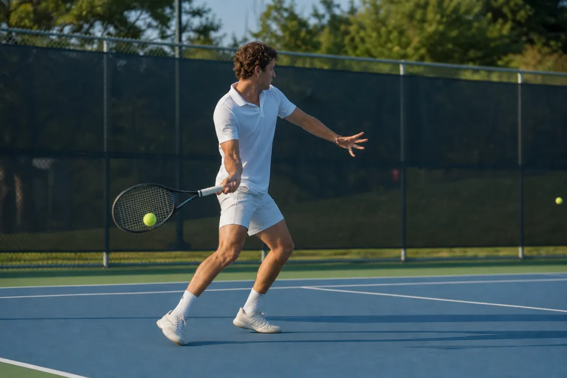 Tennisspelare i piketröja och shorts under en forehand-sving på en hardcourt-bana