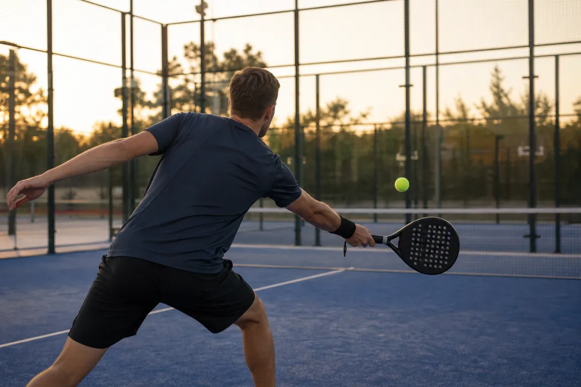 Spelare i funktionströja och shorts rör sig på en padelbana i kvällsljus