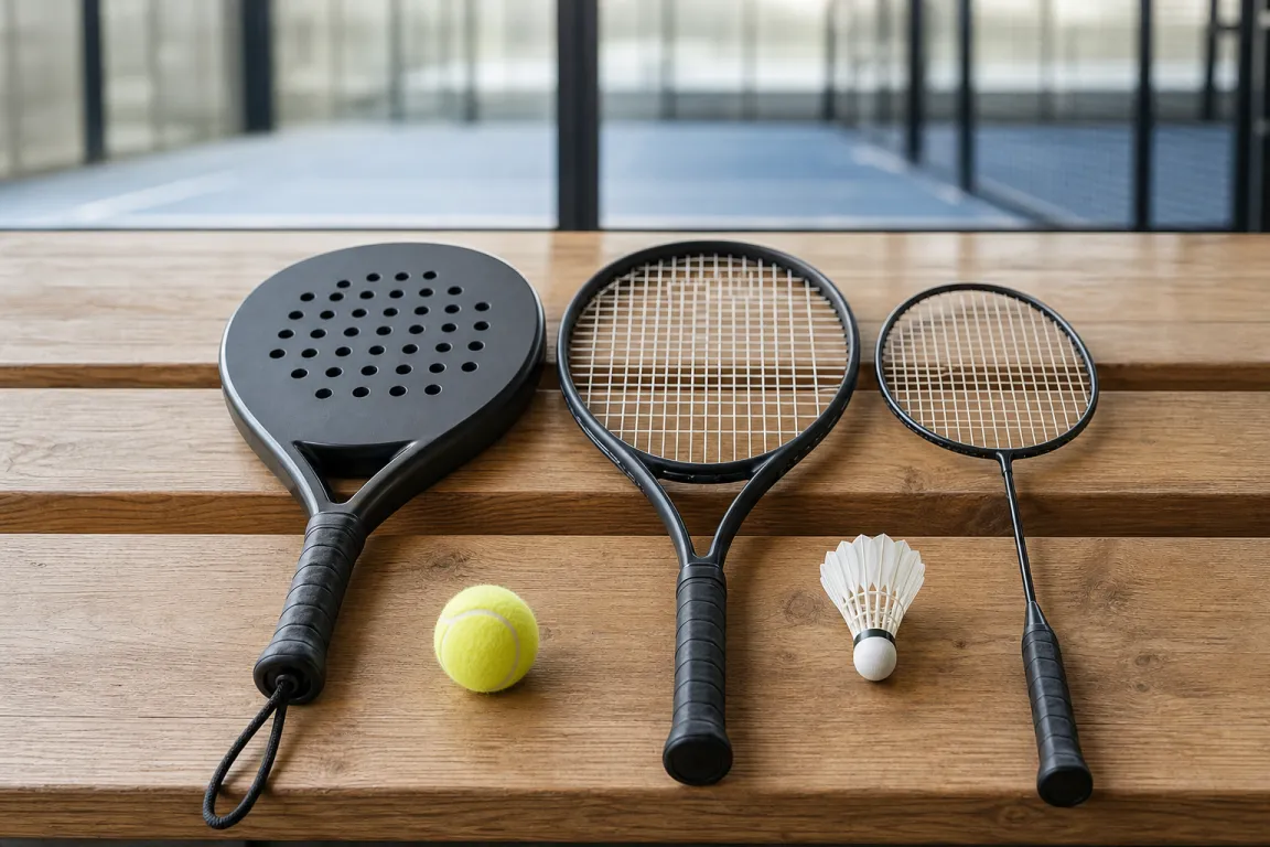 Padelracket, tennisracket och badmintonracket uppställda sida vid sida vid en inomhusbana