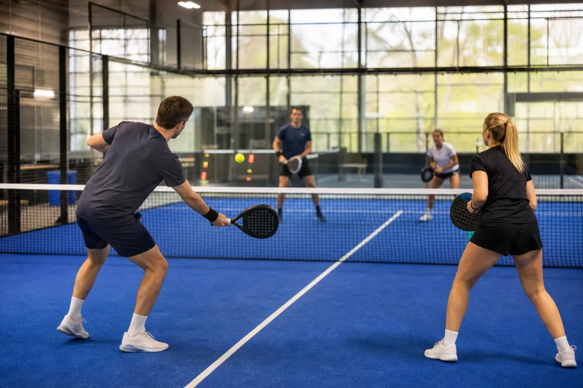 Fyra padelspelare i två par mitt i en bollväxling på en padelbana