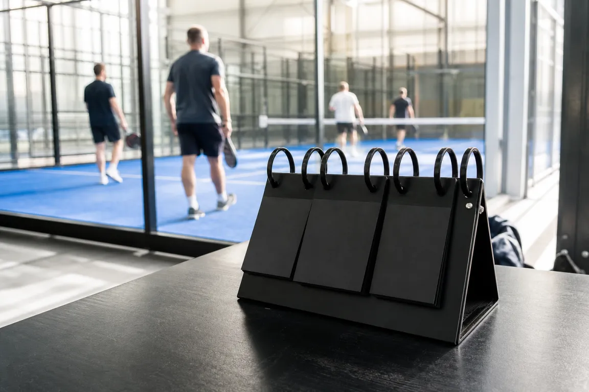 Poängblock på ett bord bredvid en padelbana där spelare byter sida i bakgrunden