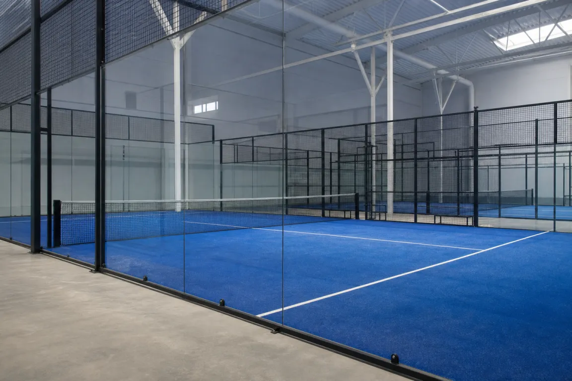 En tom padelbana med glasväggar och galler sedd snett från sidan