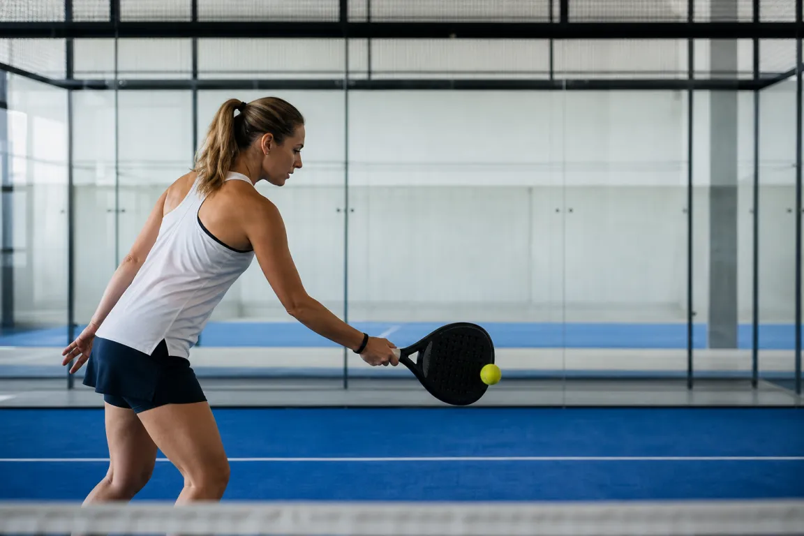 En padelspelare i kontaktögonblicket av en underhandsserve i midjehöjd