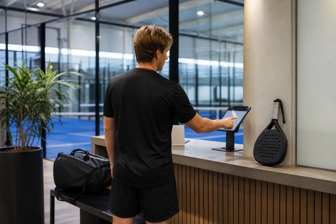 En padelspelare vid entrén till en padelhall med ett lånat racket lutat mot väggen