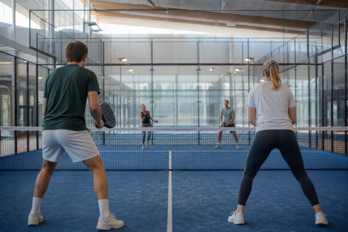 Två padelspelare sedda bakifrån på en bana med glasväggar
