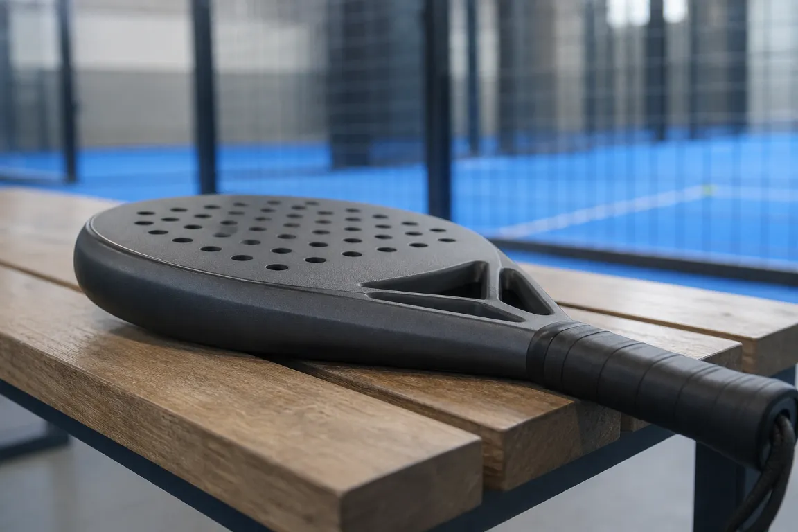 Padelracket som vilar på en bänk vid sidan av en padelbana