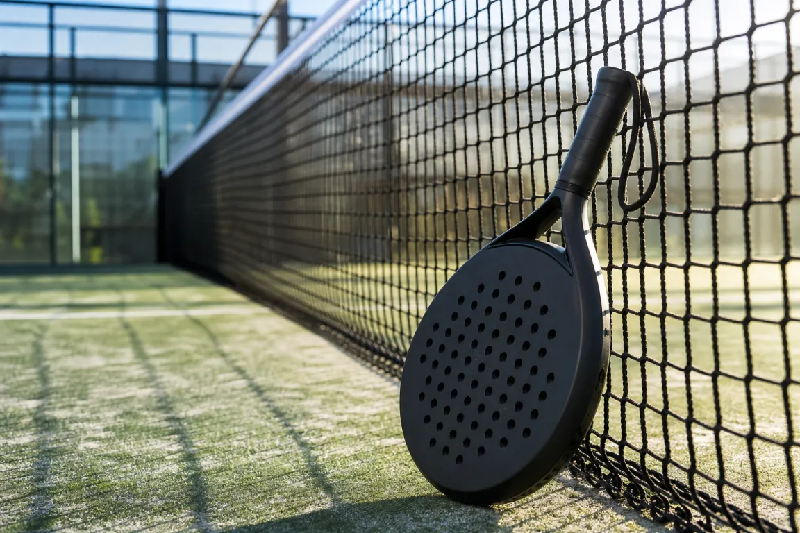 Padelracket som lutar mot nätet mitt på en padelbana