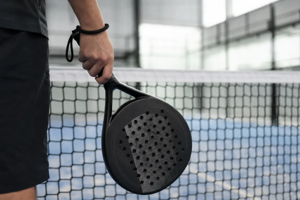 Hand som håller i ett padelracket vid nätet på en padelbana