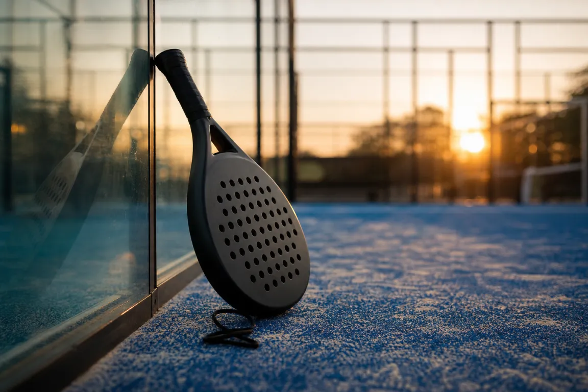 Padelracket som lutar mot glasväggen på en padelbana