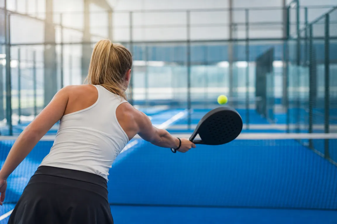 Spelare sedd bakifrån på väg att slå en volley nära nätet