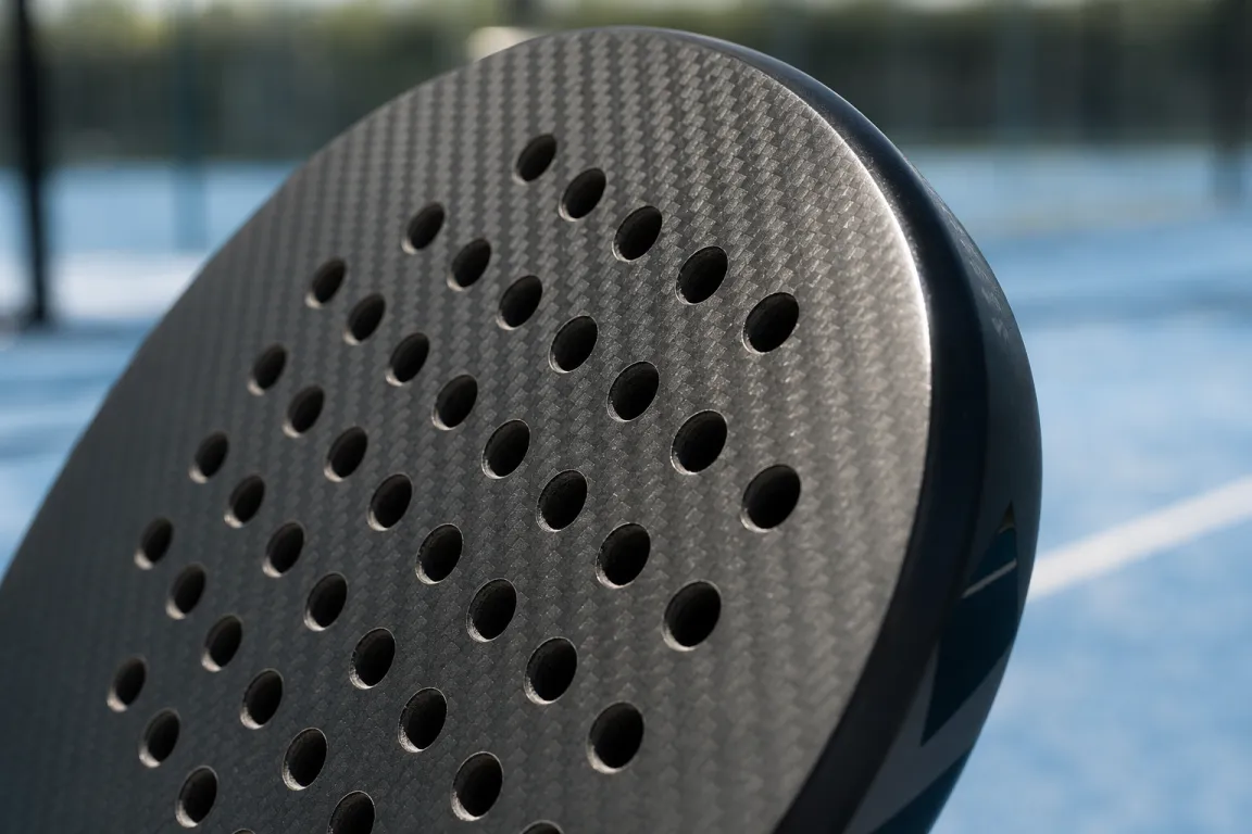 Närbild på en padelrackets ram med synlig materialtextur