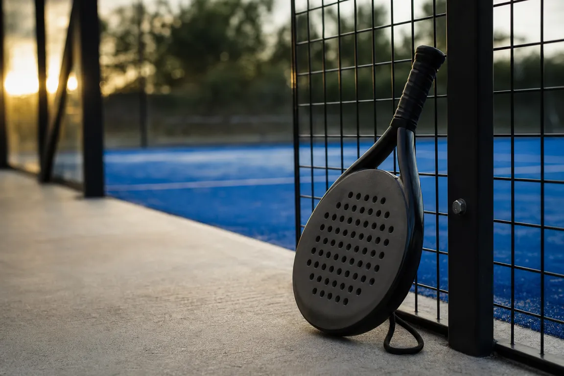 Padelracket lutad mot ett staket precis utanför en padelbana