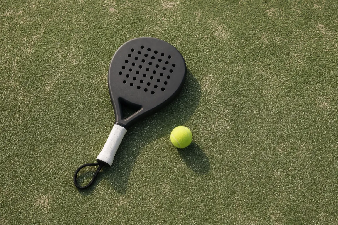 Mindre padelracket som ligger på banans underlag bredvid en boll