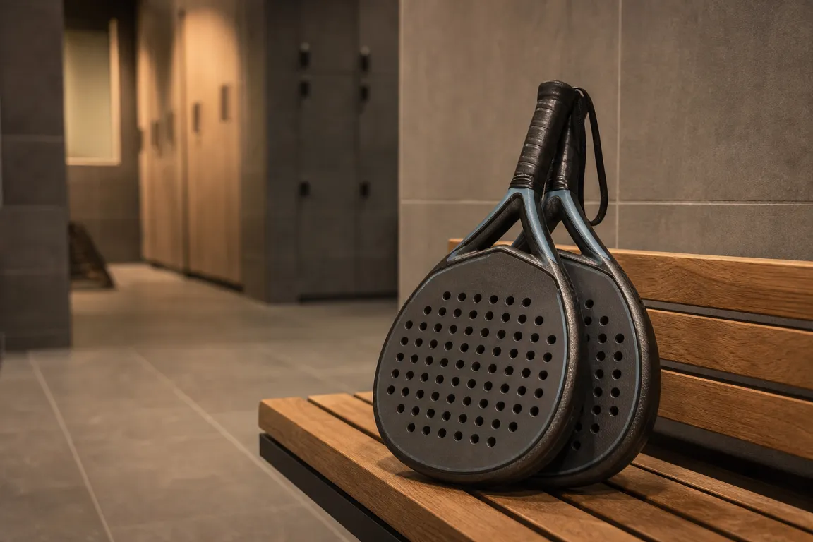 Två padelracket lutade mot varandra på en bänk