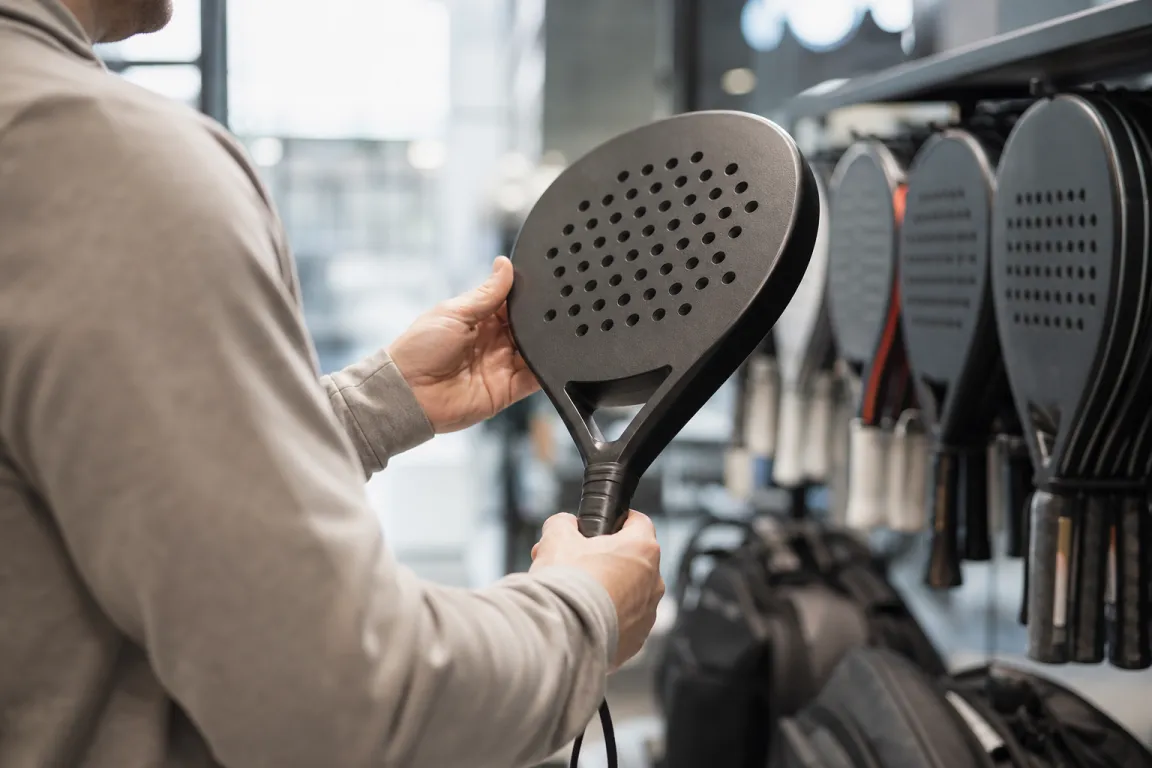 Person som håller upp och granskar ett padelracket i en butik