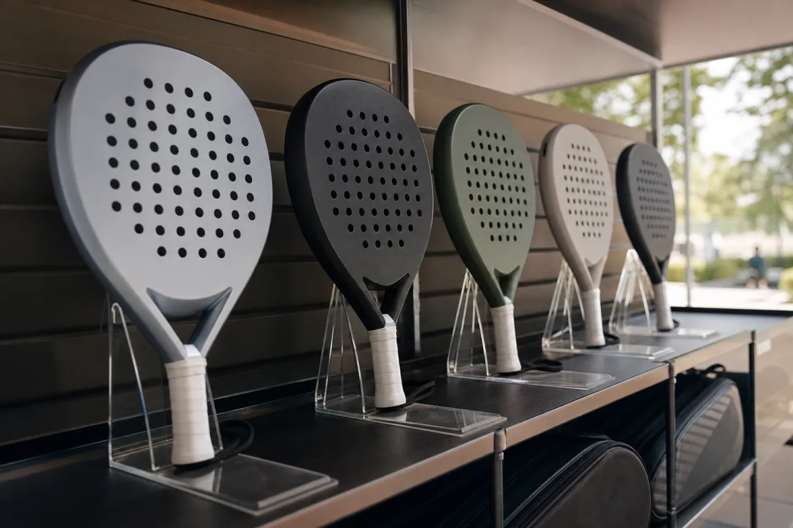 Flera padelracket uppradade på en butikshylla