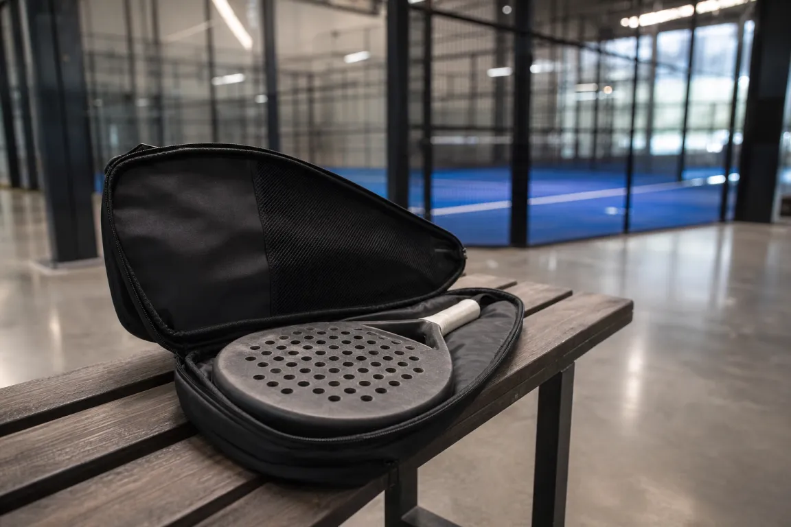 Padelracket förvarat i ett öppet fodral i en padelhall